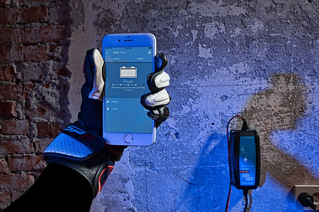 Blue Smart IP65 Charger motorcycle hand with iPhone.webp